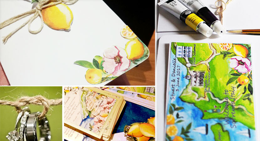 Hand painted, wedding invitations with lemons