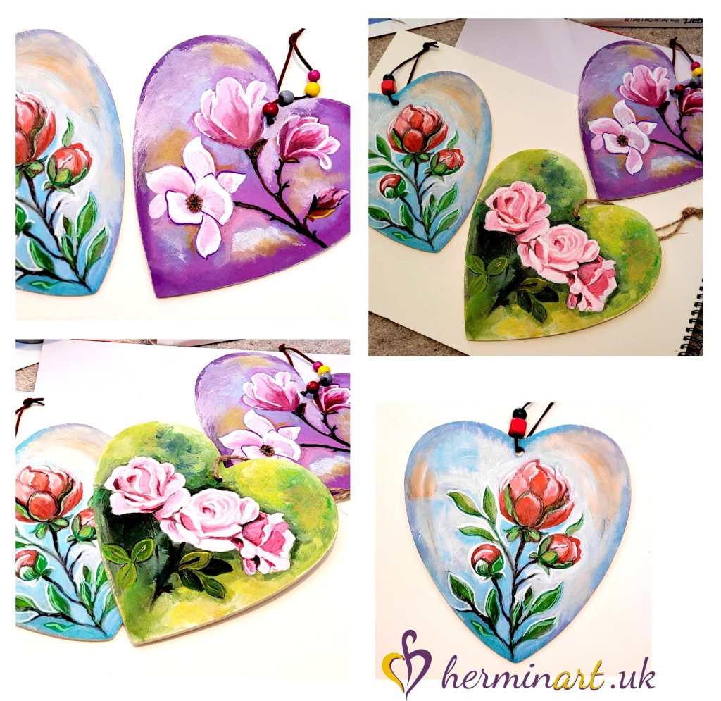 Flowers -painting on wooden heart shape